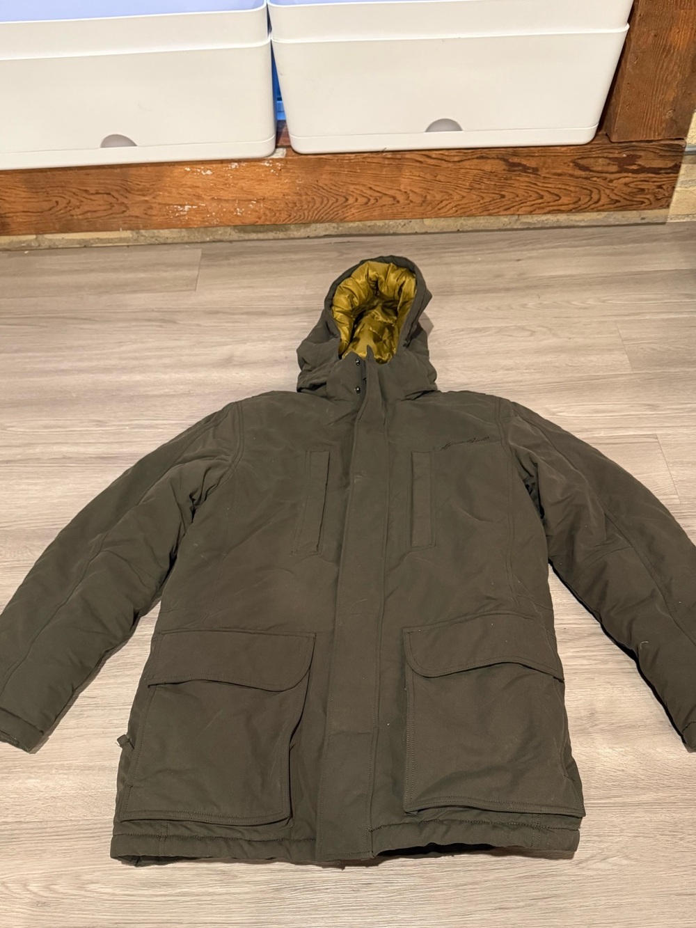 Eddie Bauer Olive Green Parka with Yellow Hood Lining